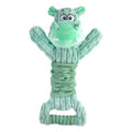 Large plush squeaky dog toy with handle, shown in Hippo and Monkey designs, for indoor tug-of-war play.