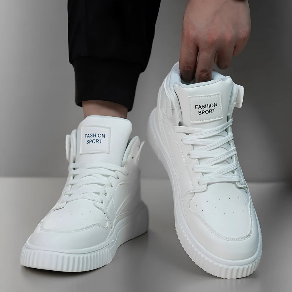 White microfiber men's casual shoes with round toe design for autumn and winter leisure wear