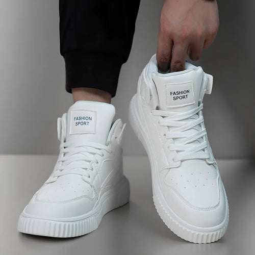 White microfiber men's casual shoes with round toe design for autumn and winter leisure wear