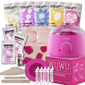 Professional waxing kit with wax warmer, five types of hard wax beans, application sticks, and post-epilation products.