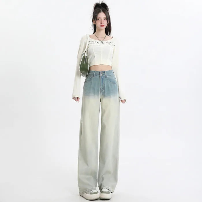 Gradient blue women's denim trousers with straight-leg cut and wider leg opening