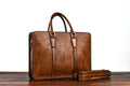 Men's 14 inch horizontal leather business handbag with zipper in khaki colour
