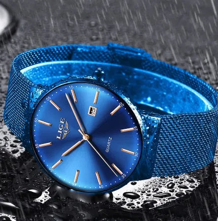 Stainless steel men's watch with 40mm dial, shown in black, blue, and black/blue colour variations.