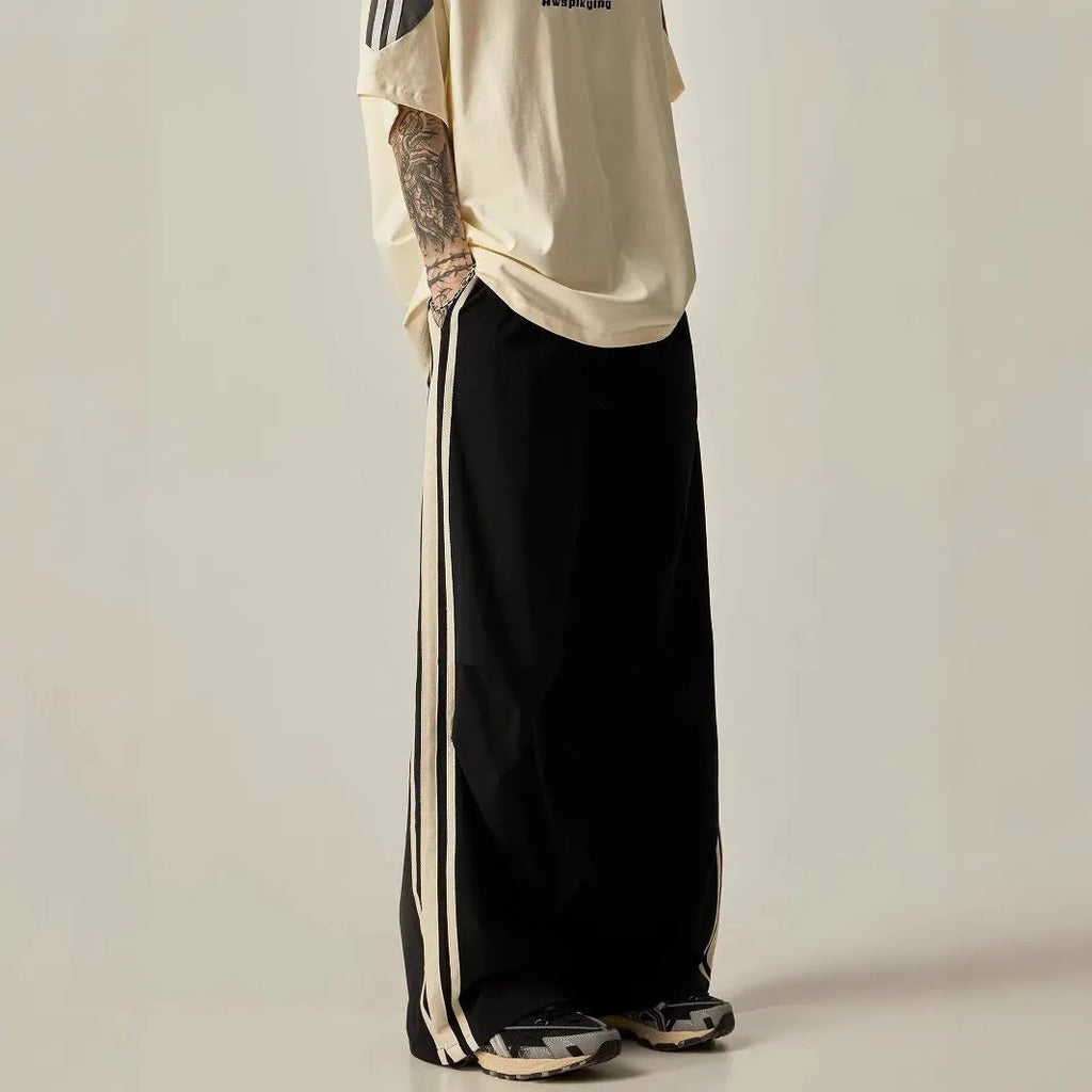 Black wide leg climbing trousers with high-waist design and straight leg cut for men