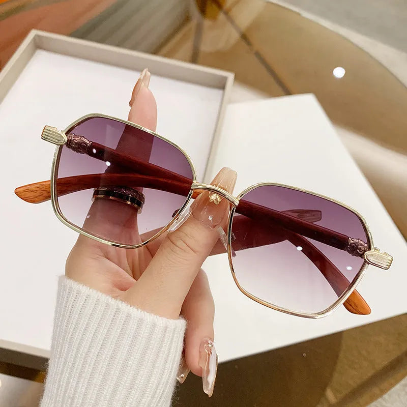 Women's frameless glasses with gold alloy wood grain frame and coloured lenses