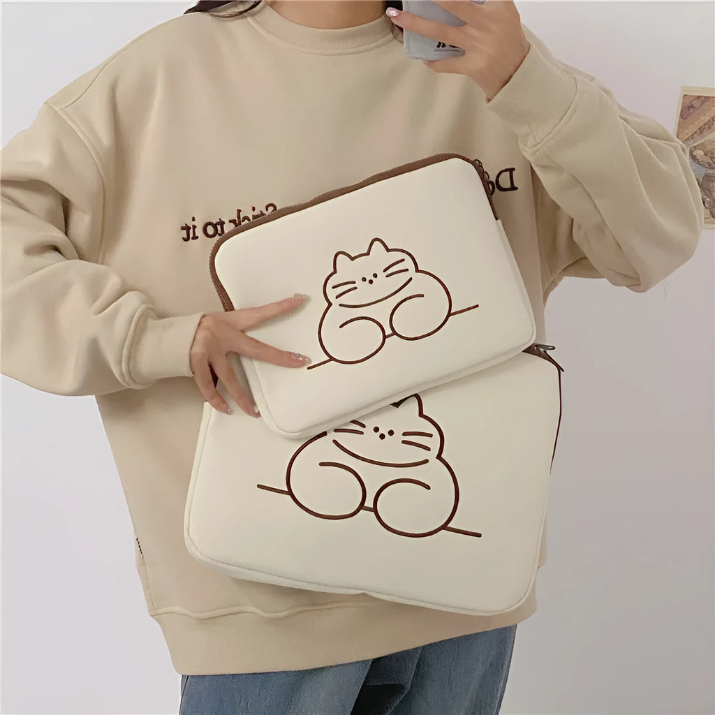 Nylon embroidered animal protective sleeve for tablets with zipper closure in Fat Cat or Sleepy Cat design