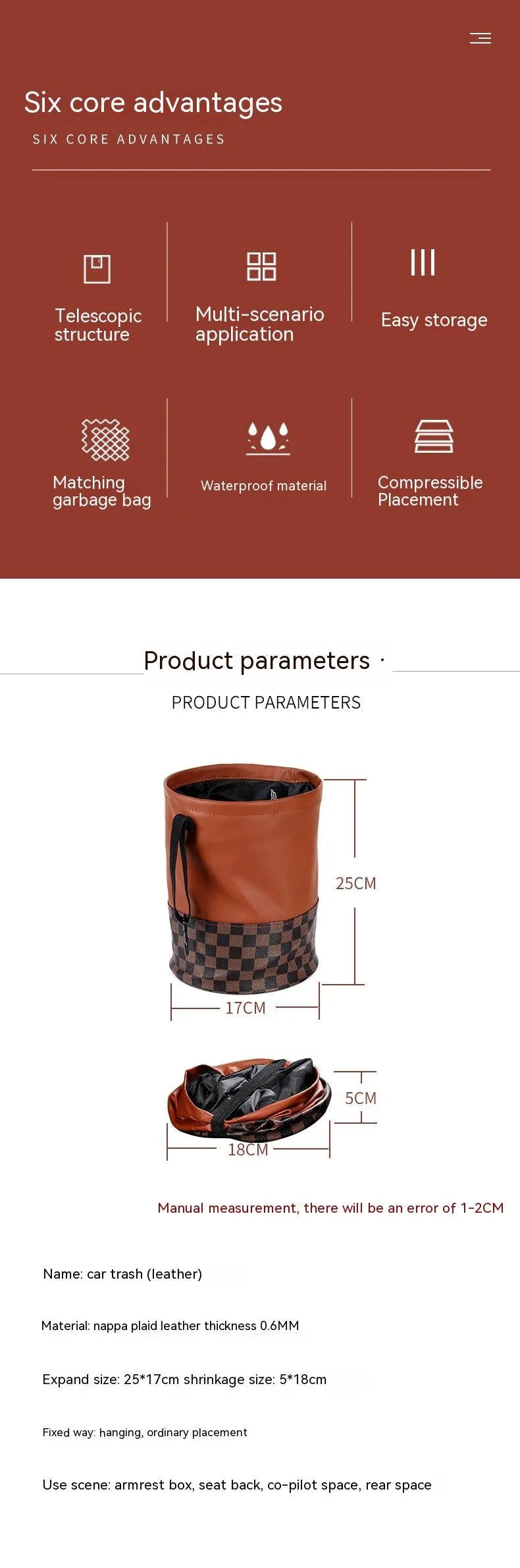 Retractable leather interior trash can with folding design and carrying handle