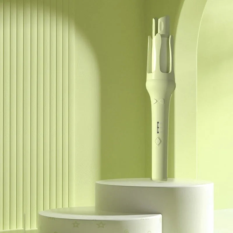 White automatic hair curler with 32mm barrels showing pink and purple colour options