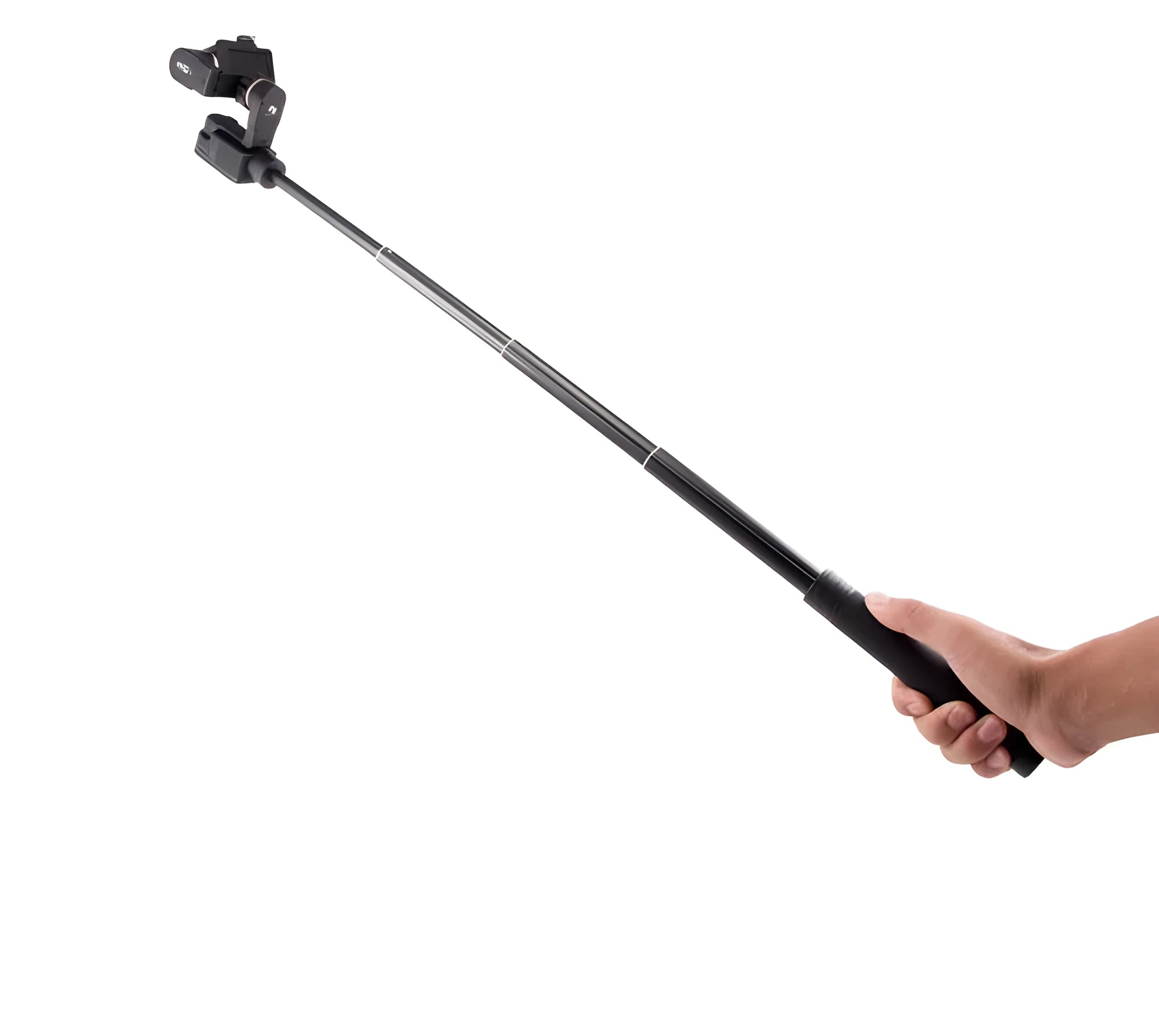 Black retractable hand-held stabilizer selfie stick extended for smartphone photography