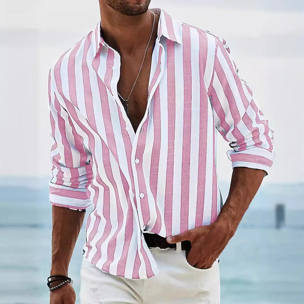 Men's yarn-dyed striped casual long sleeve shirt in British style loose cardigan fit