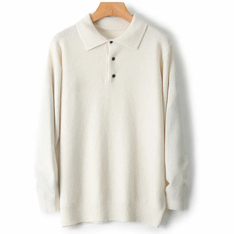 Men's grey wool blend pullover sweater with a polo collar and long sleeves laid flat