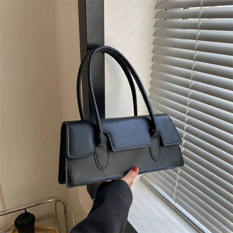 PU women's small square shoulder bag in horizontal rectangular shape with stitching details