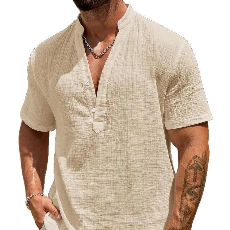 Men's solid colour short sleeve stand collar casual shirt on a hanger