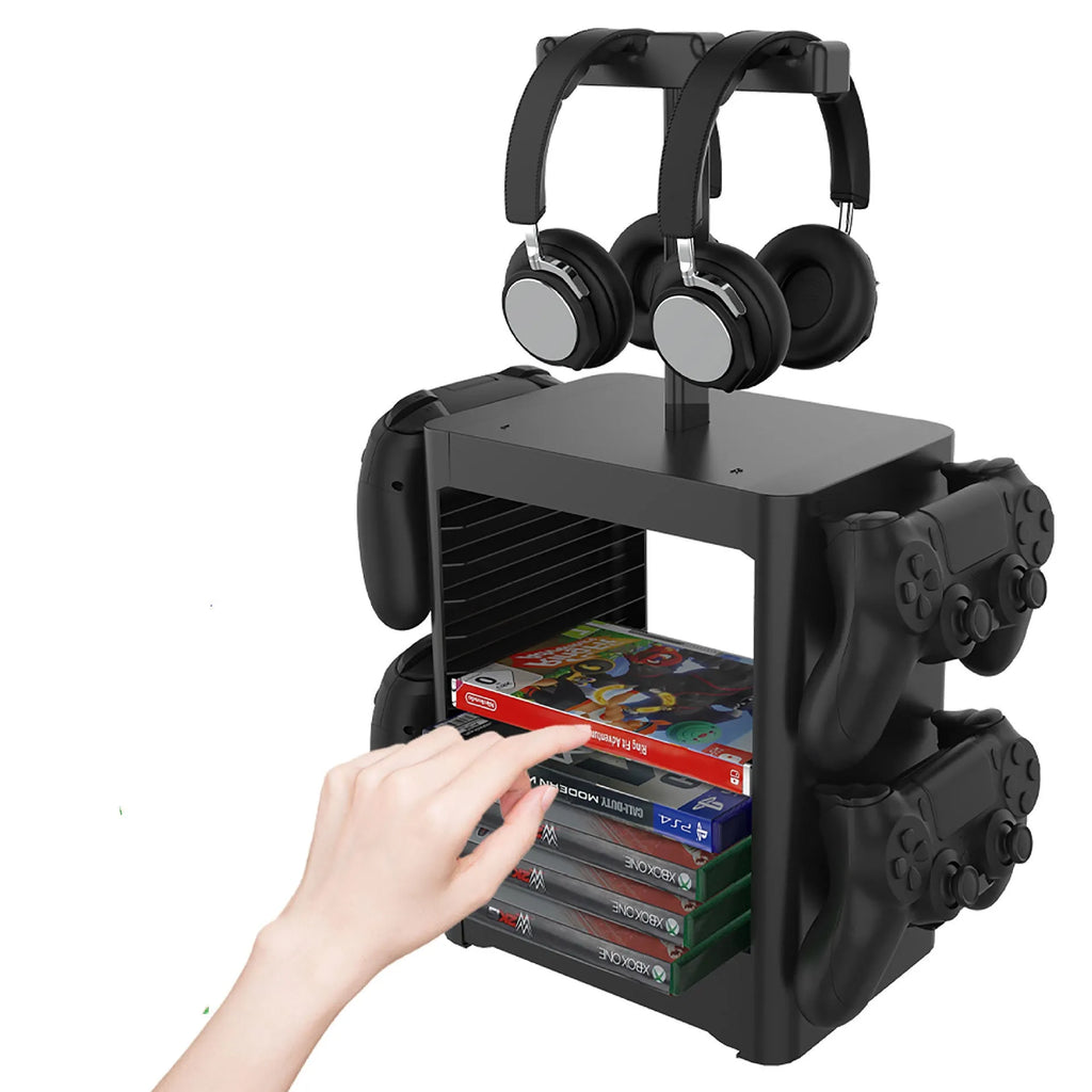Black gaming console storage rack with side controller hangers, top headphone stand, and bottom accessory drawer