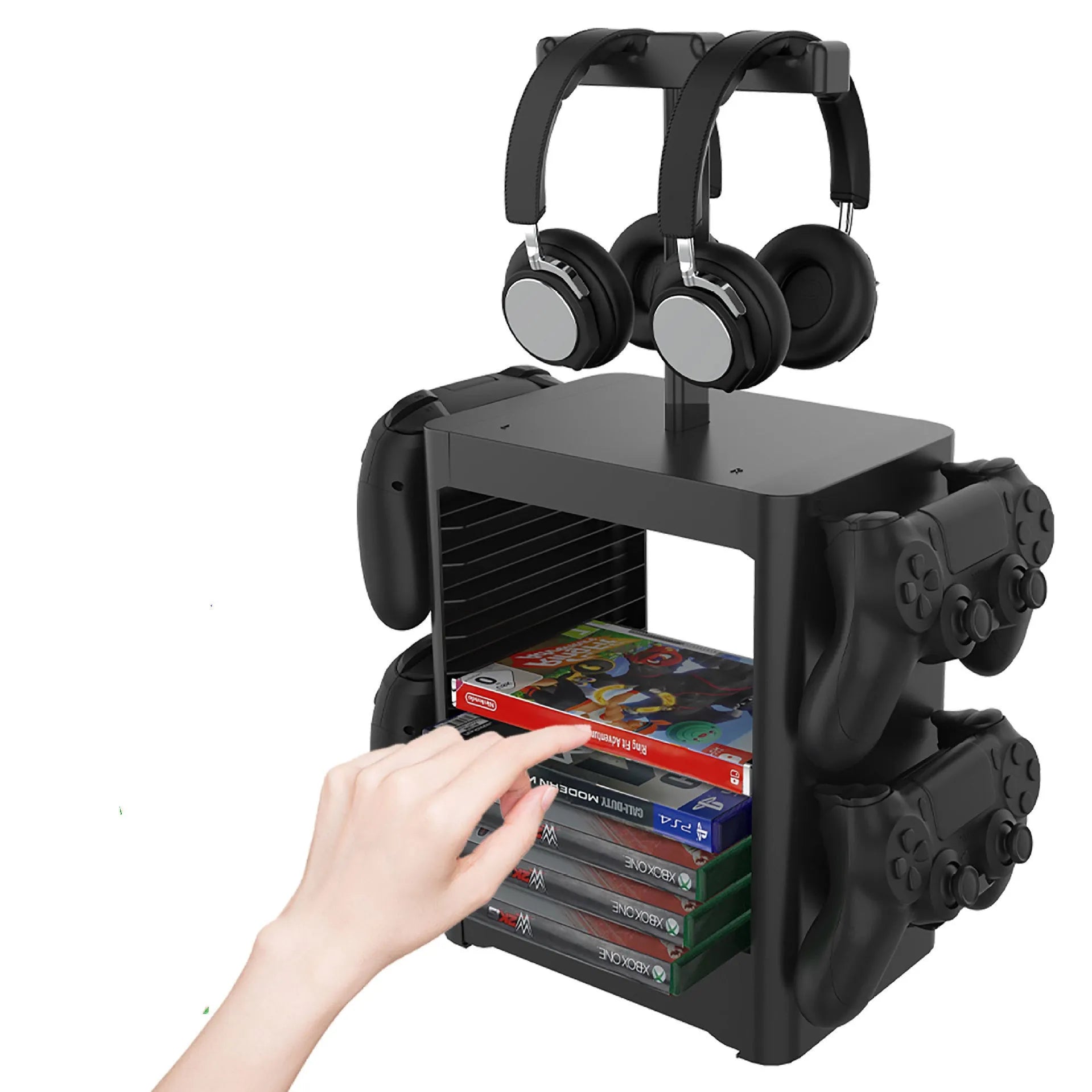 Black gaming console storage rack with side controller hangers, top headphone stand, and bottom accessory drawer