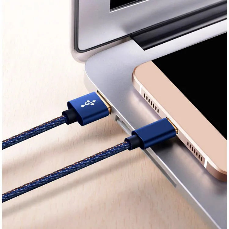 Denim braided USB Type-C cable with aluminium connectors in black, blue, or red, showing length options.
