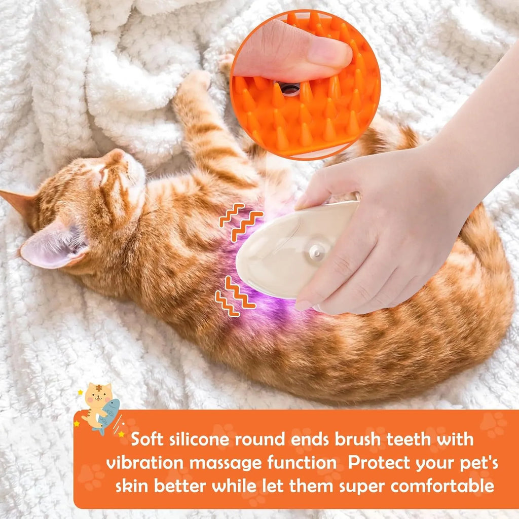 Yellow 4-in-1 cat steam brush with water tank, silicone bristles, and UV detection lamp.