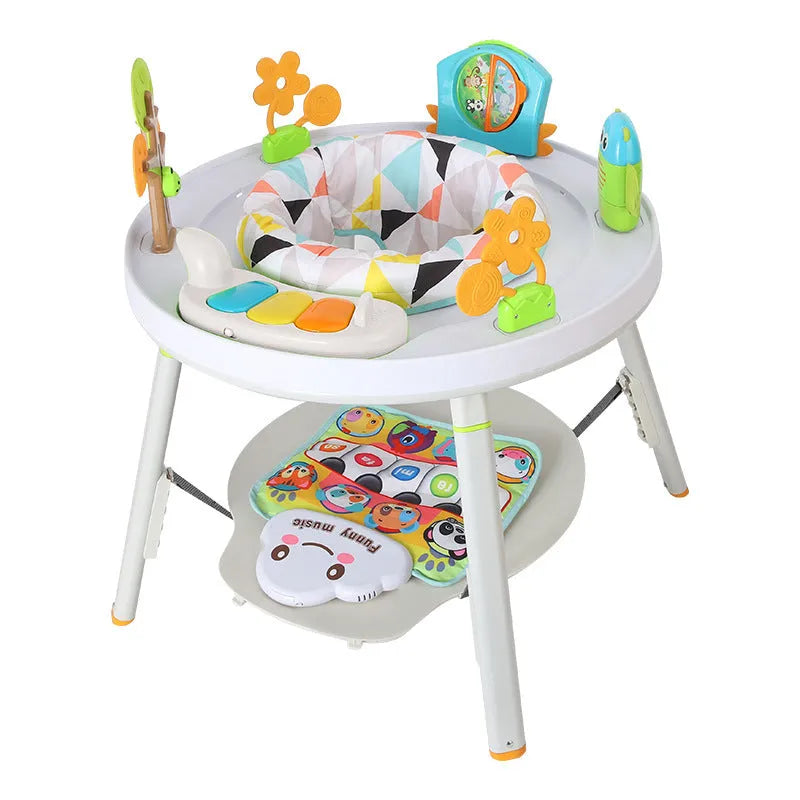 Baby jumping chair with three functions including bouncing and gymnastic rack elements in plastic construction
