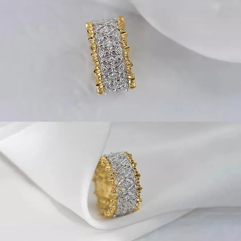 Two-tone gold geometric ring with round zircon on electroplated copper