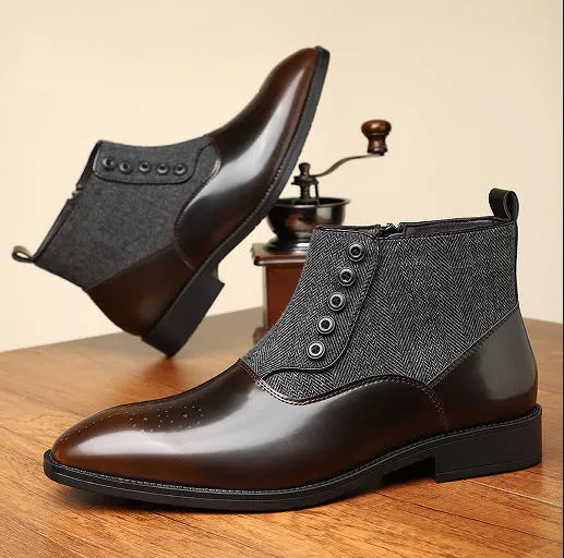 Men's brown and green retro business formal shoes with side zipper and square toe.