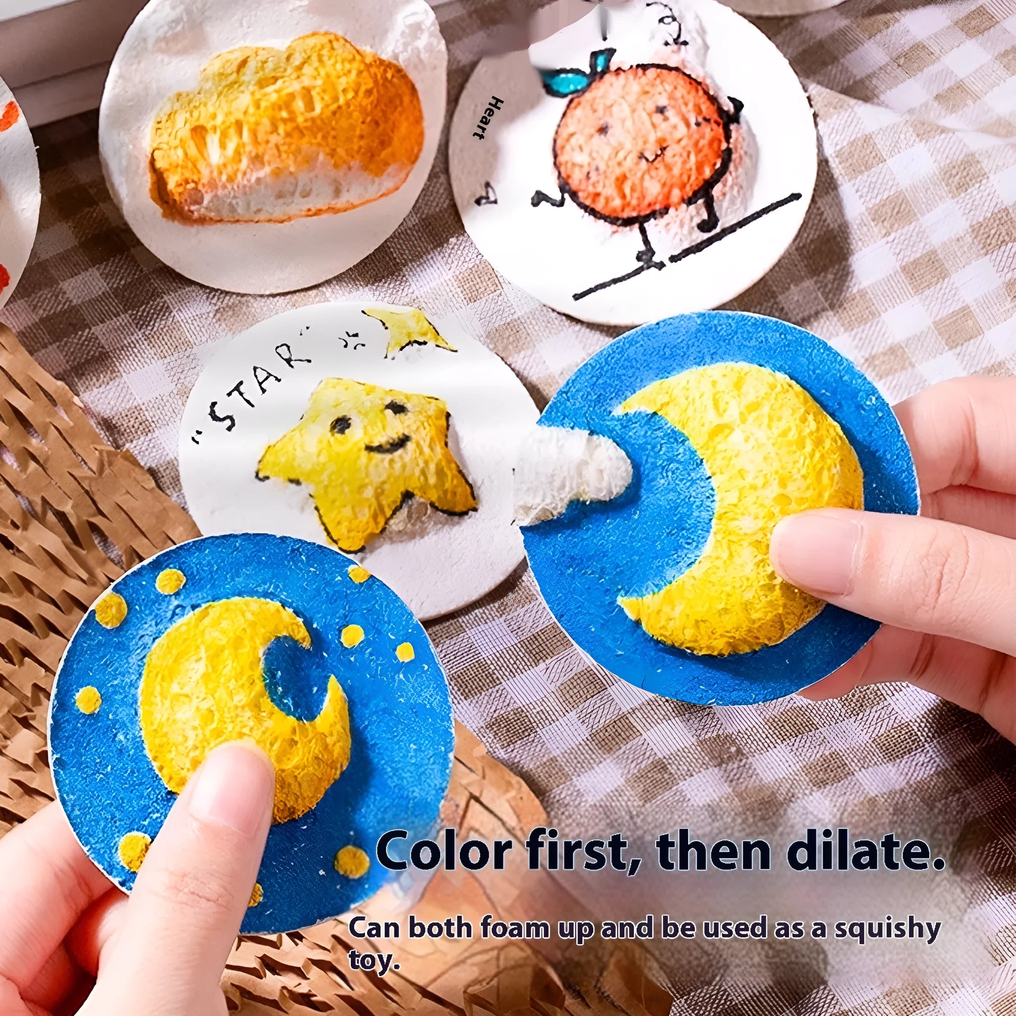 Painting set with fountain pens, cellulose sponge, and heart, round, square shaped wood pulp paper blanks