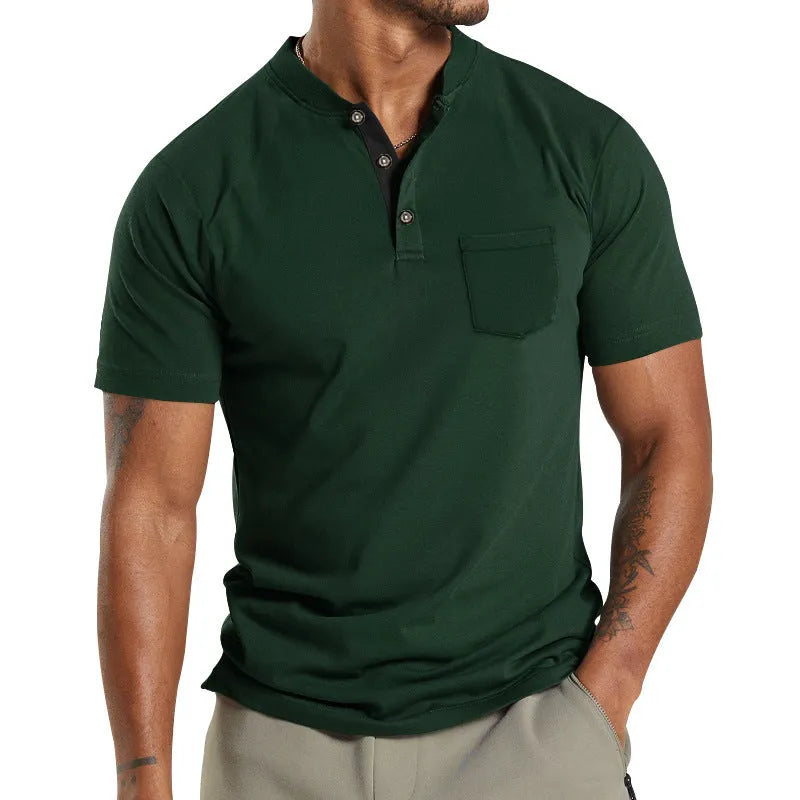 A man wearing a solid-colour plus size short sleeve button-up shirt with a chest pocket.