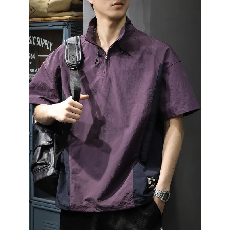Men's brown and purple half-zip stand collar short sleeve shirt in ice silk fabric with loose fit summer design
