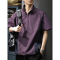 Men's brown and purple half-zip stand collar short sleeve shirt in ice silk fabric with loose fit summer design