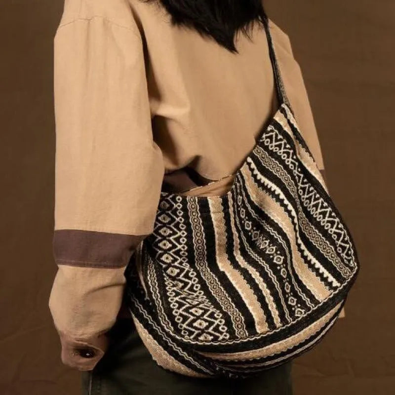 Corduroy messenger bag with jacquard striped vintage design and adjustable plaid shoulder strap