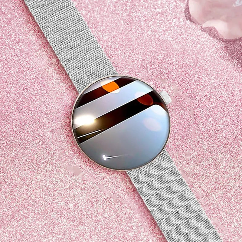 Women's smart watch with circular colour screen and metal strap in black, gold, or silver steel options