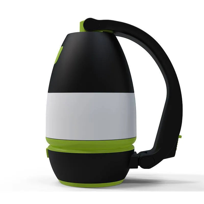 Black green foldable 3-in-1 LED lamp showing adjustable head and compact size for camping and desk use