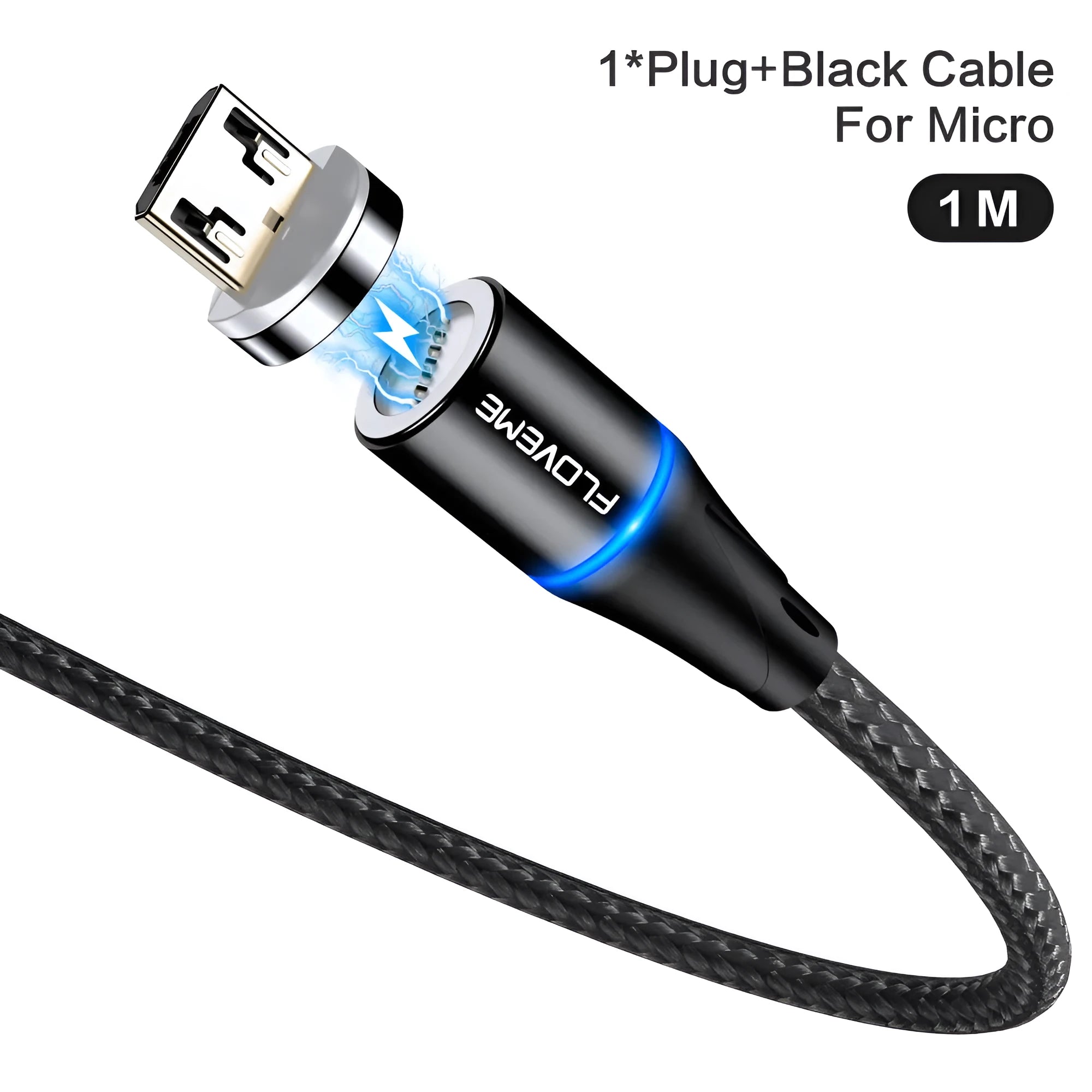 A black magnetic fast-charge data cable with LED light on the connector, next to a smartphone.