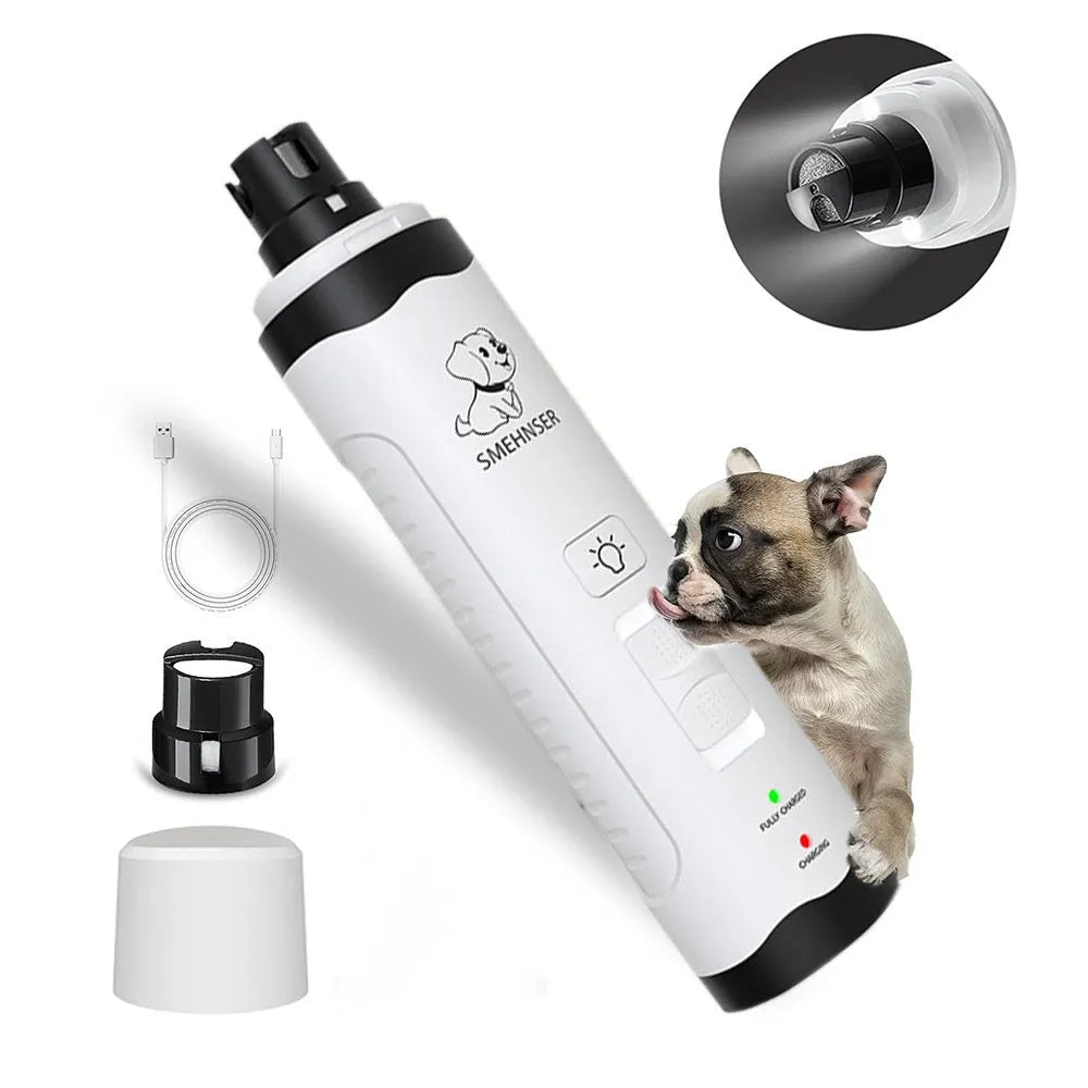 Electric dog nail grinder with LCD screen, LED lights, and a dust collection cup attached.