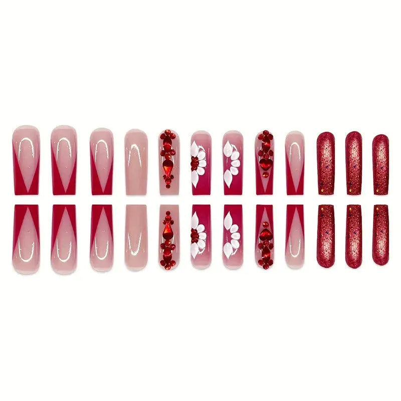 Fake nails with floral pattern and red diamond decoration in long European square style