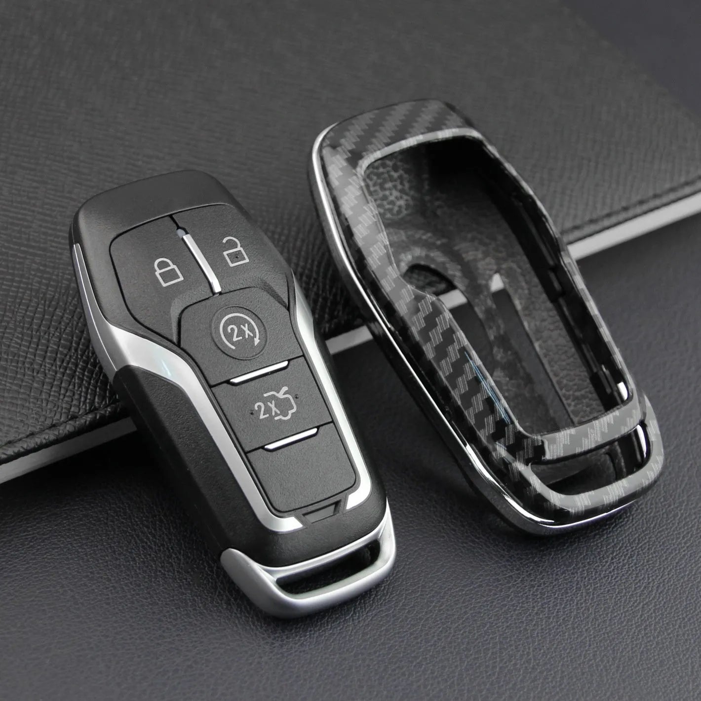 Plastic remote control protective shell for a car key shown in two variants: single shell and single shell with buckle.