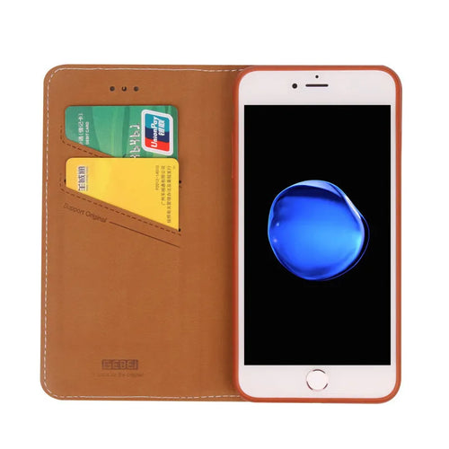 Black PU leather wallet case for iPhone showing card slots