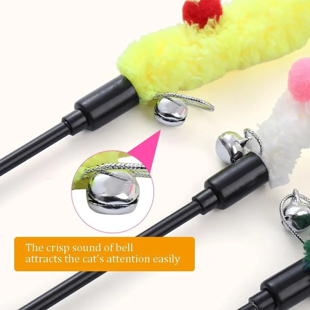 Blue cat wand toy with plush strip and bell, showing 41cm pole and 60cm strip dimensions