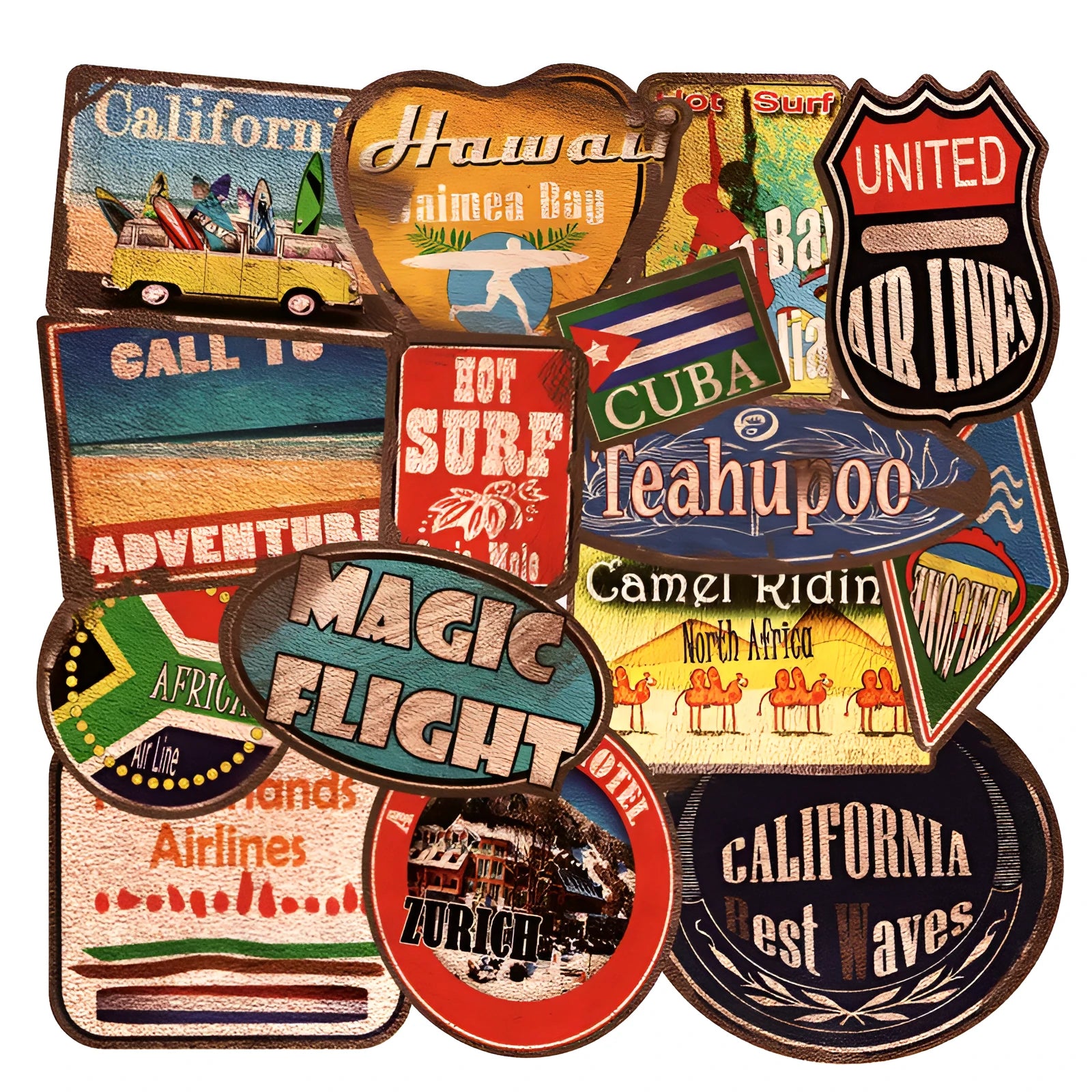 Set of 36 retro-themed beach and surfing stickers with matte finish, sizes ranging from 6 to 10 centimetres.