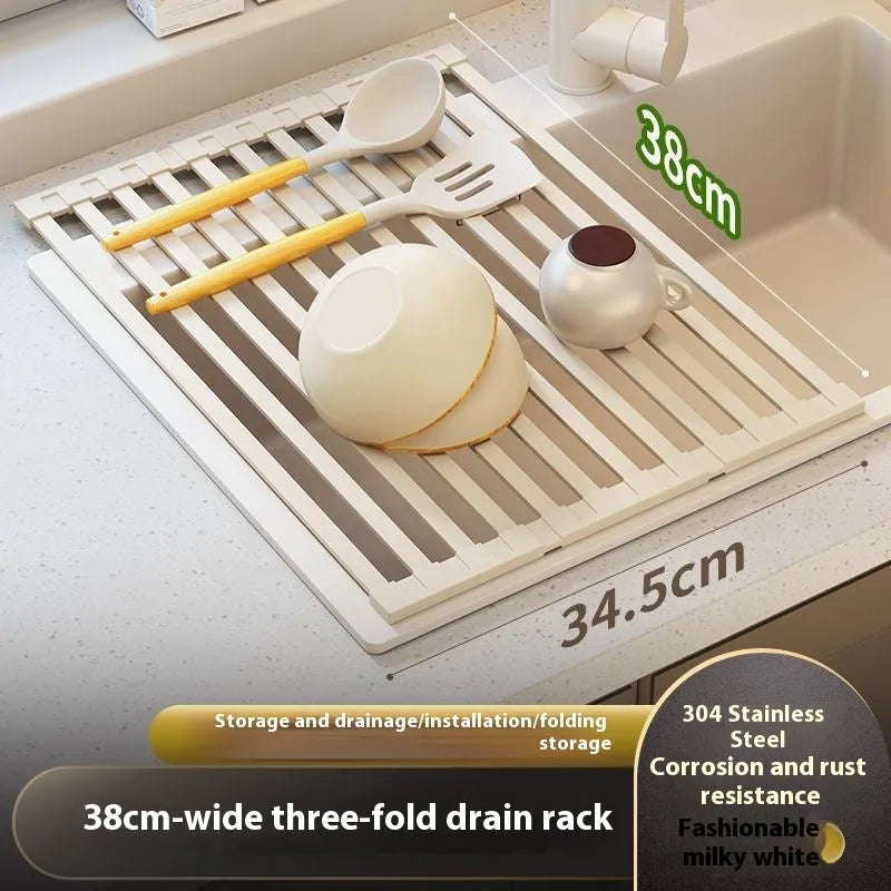 Foldable stainless steel kitchen draining rack in milky white finish showing tri-fold mechanism