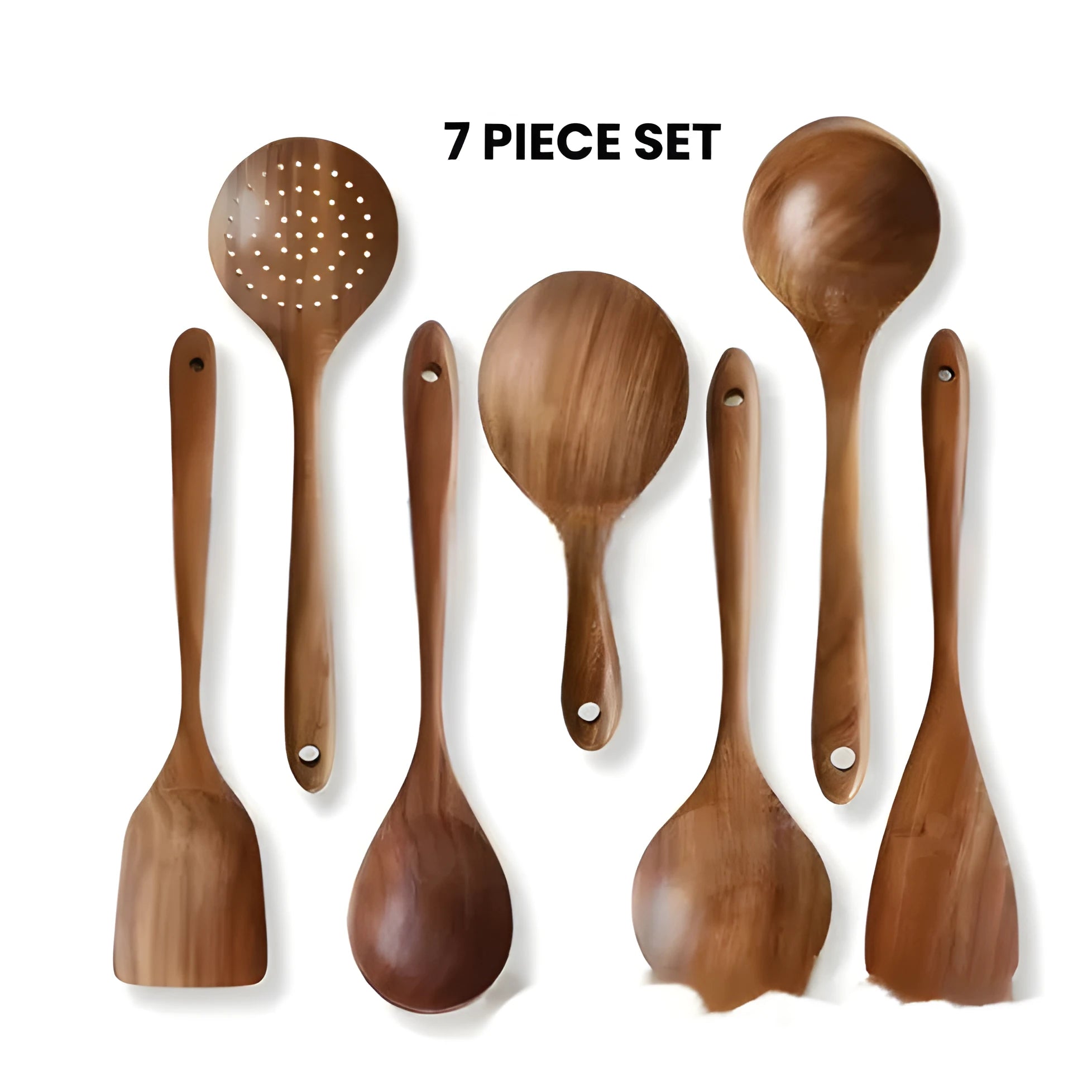 7-piece wooden kitchen utensil set with spoon spatula and soup spoon in natural wood material