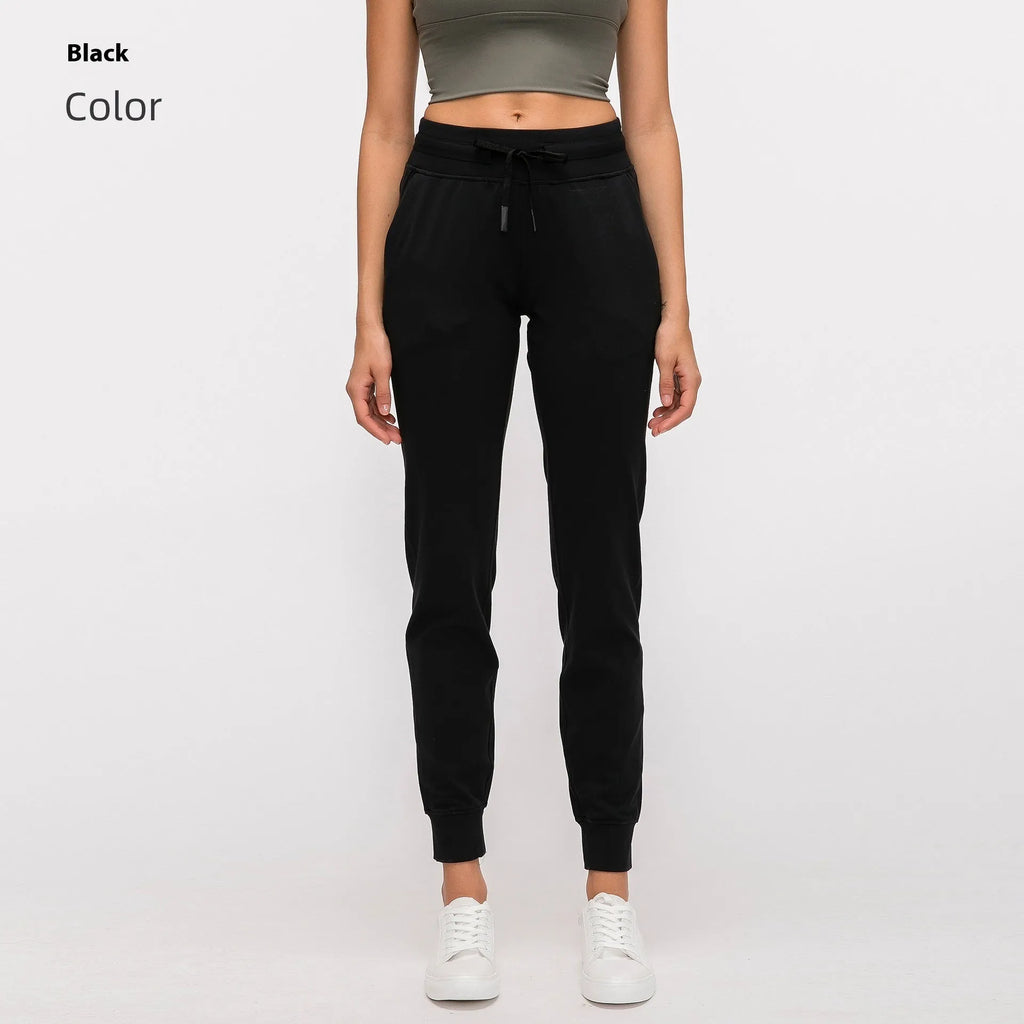 Women's high waist yoga pants with drawstring waistband in Belgian Blue colour