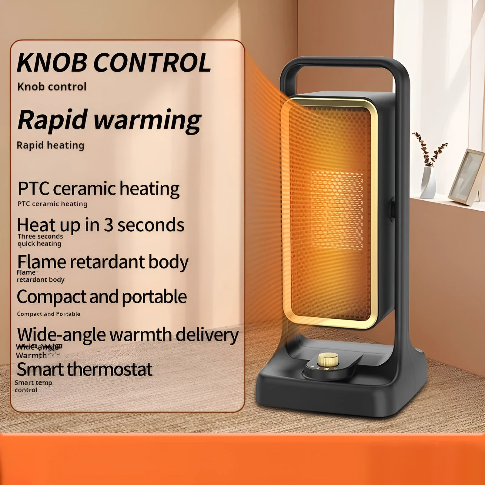 Black PTC ceramic desk heater with control knob, compact rectangular design measuring 14.9x11.1x33.5cm