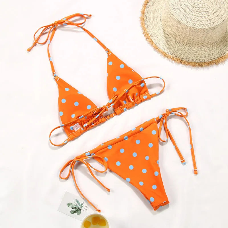 Women's polka dot print split swimsuit bikini with triangle bottom and matching bra