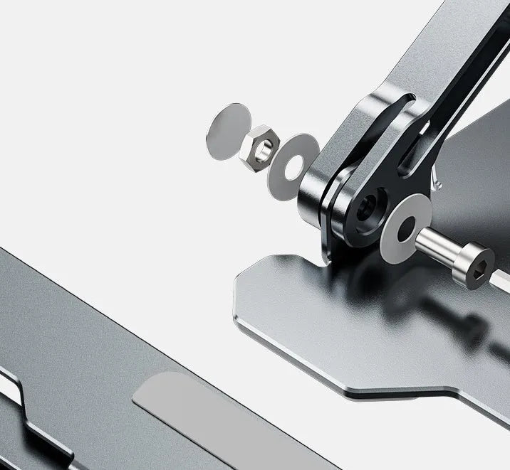 Grey aluminum laptop stand shown at an adjustable angle, folded flat, and holding a silver laptop.