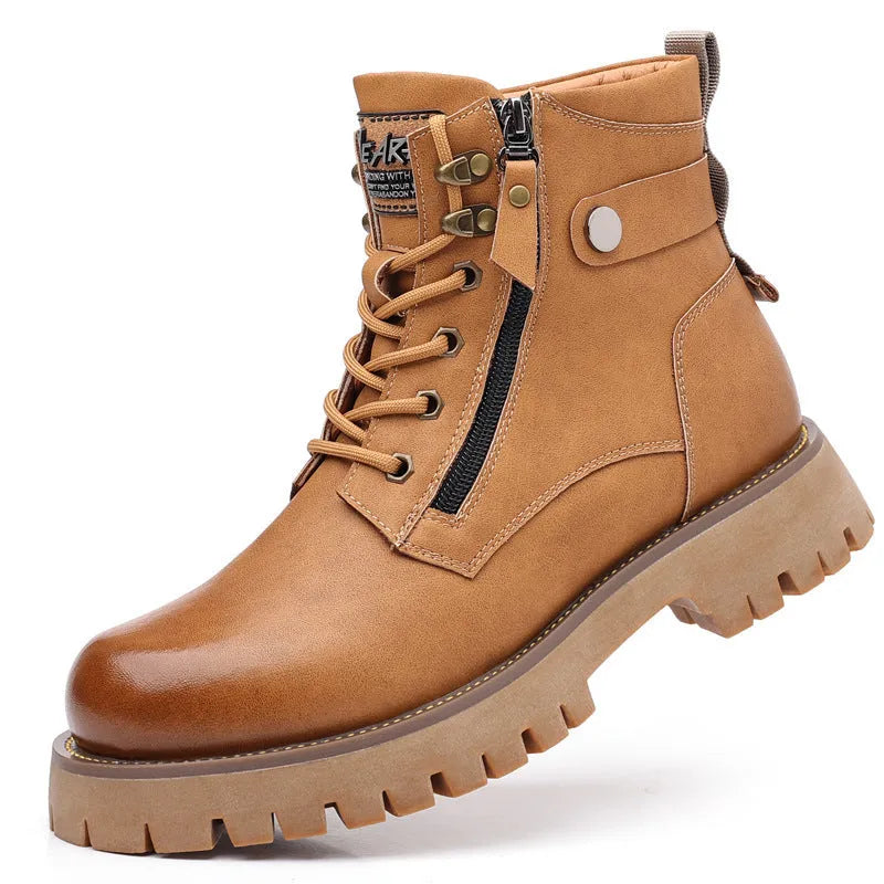 Men's brown thermal Martin boots with side zip and mid-heel design