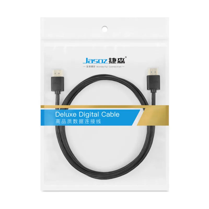 Gold-plated HDMI cable with thin black wire, shown with connector close-up highlighting contacts.