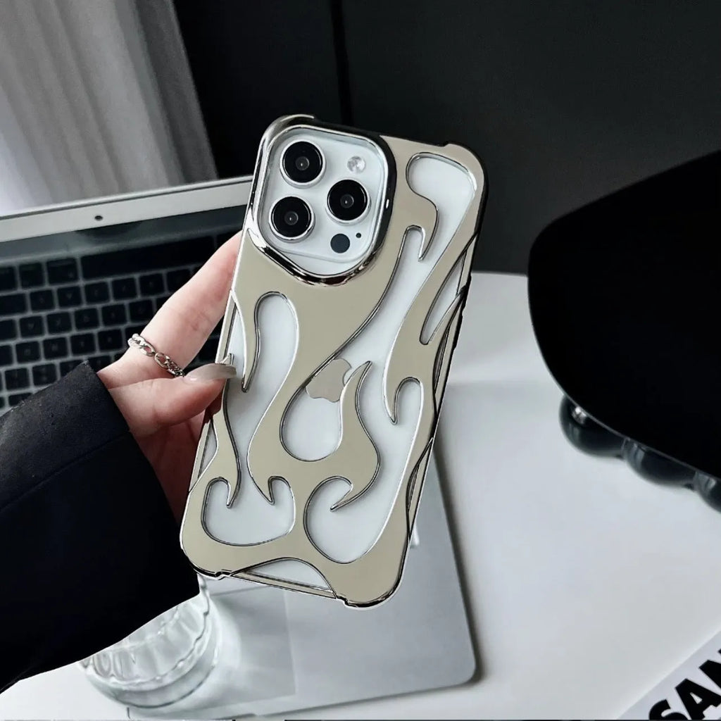 Electroplating hollow flame pattern iPhone case in silver finish on TPU soft shell