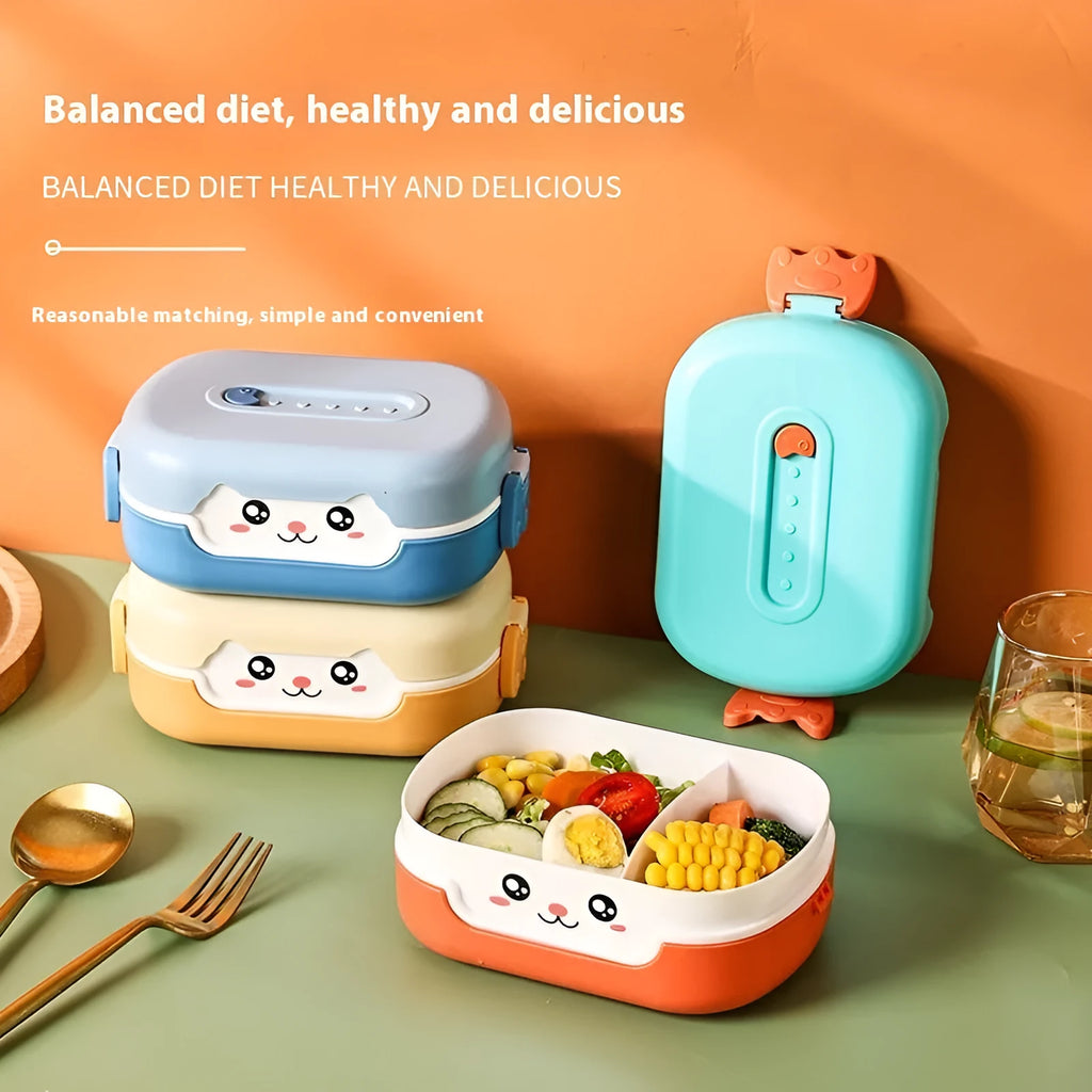 Square plastic lunch box with divided compartments in dark blue, pink and green, or orange yellow colours