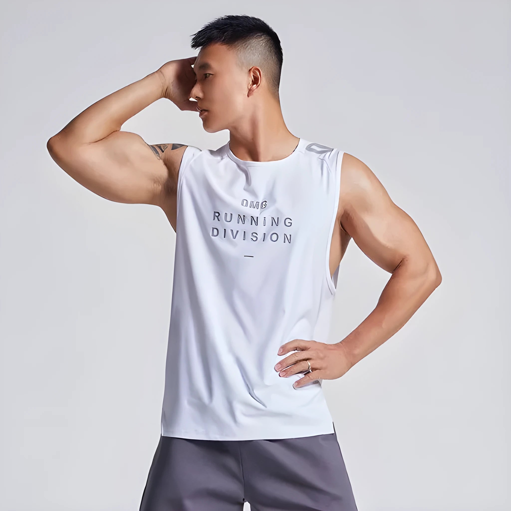 Men's loose fit mesh sports vest in black, shown front view.