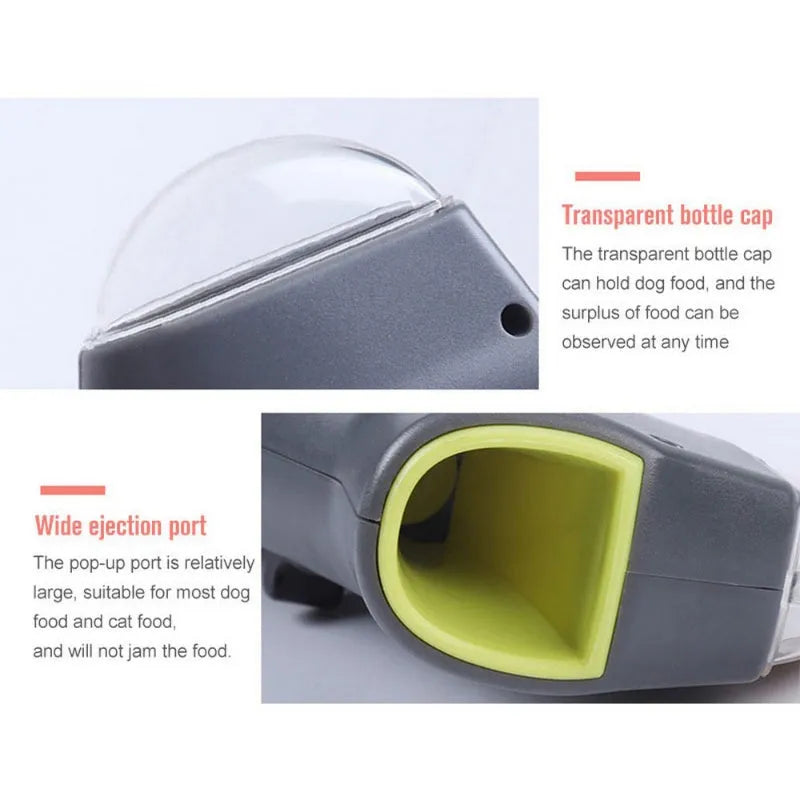 Grey pet snack catapult launcher for dog and cat training with spring trigger mechanism